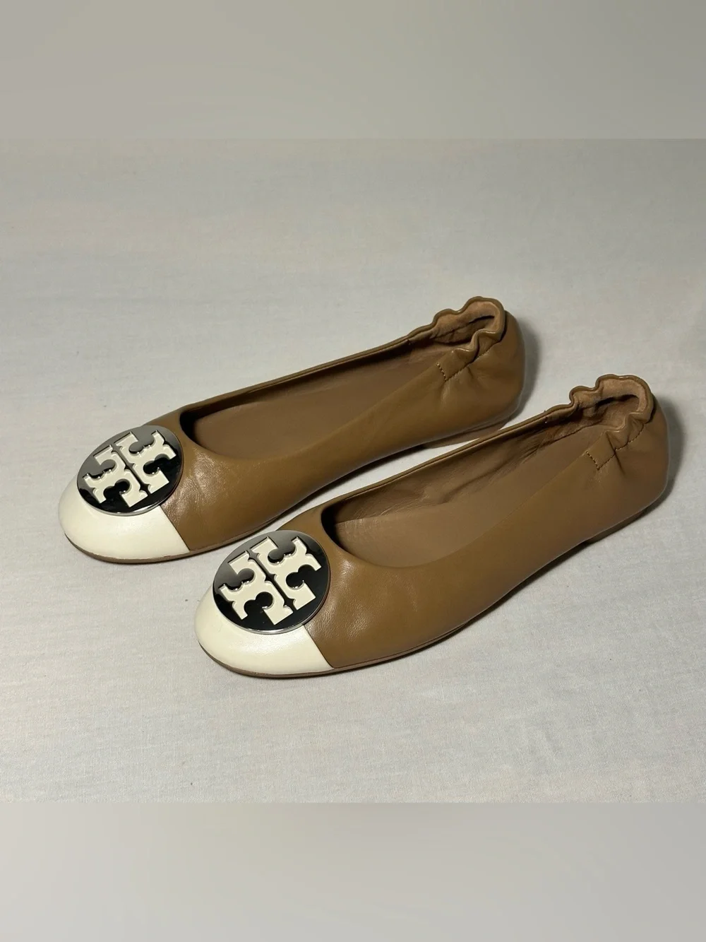 Tory Burch Brown and White Logo Cap-Toe Ballet Flats